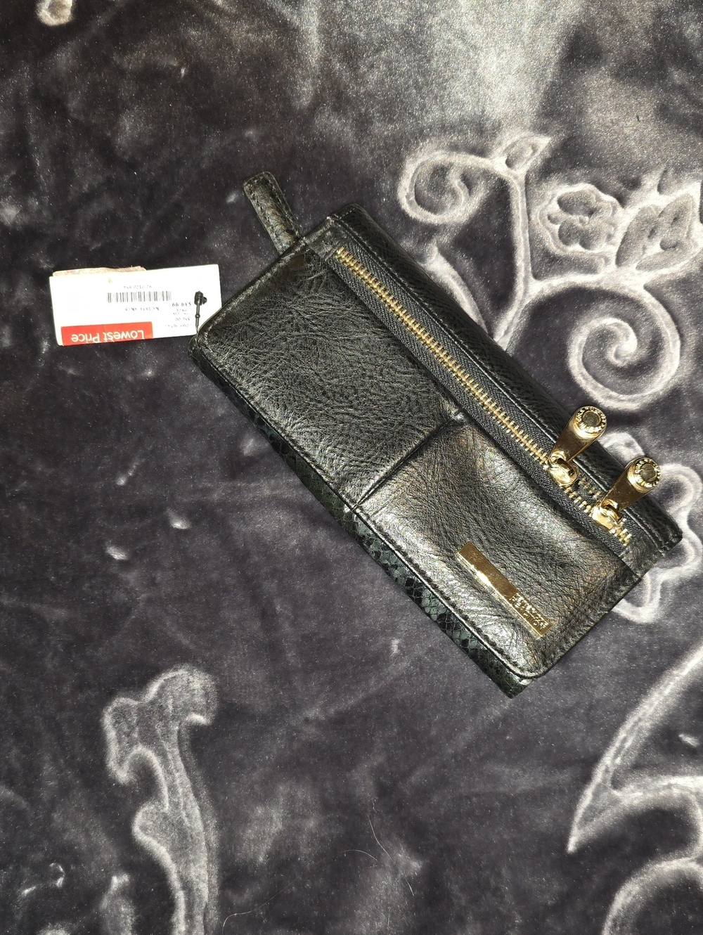 Black Snake Skin Print Card Holder with Gold-Tone Hardware